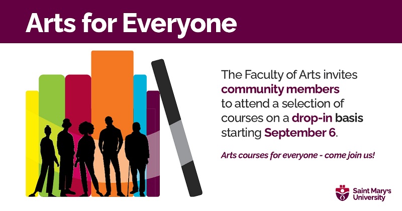 A graphic to help promote the new Arts For Everyone initiative in the Faculty of Arts. An illustration shows the silhouettes of five people, standing against some colourful books.